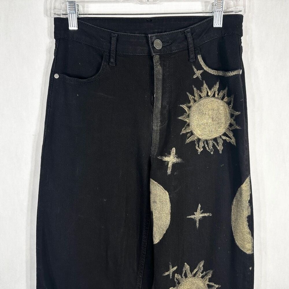 Time Tru Sz 4 Jeans Black Straight Hand Painted Gold Lunar Sun Witch Grunge 1602 - Picture 3 of 13